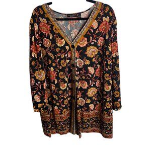 Susan Graver Weekend Size 2X Button Front Tunic Blouse Floral Black Kimono Boho